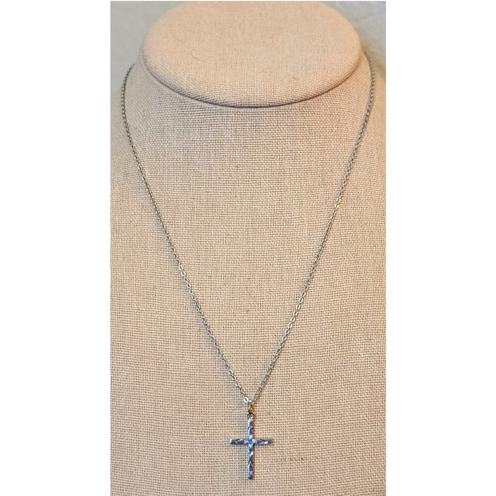 Vintage Etched Simple Silver Tone Cross 18" Necklace